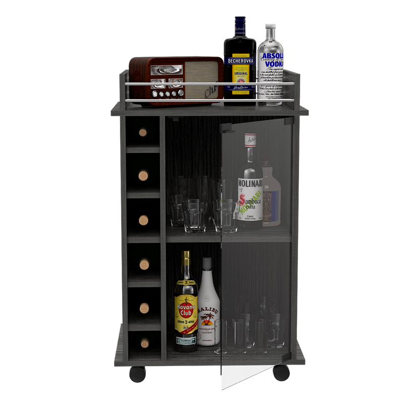 TUHOME Dukat Bar Storage Cabinet Cart for Wine & Liquor w/ Glass Door, Smoky Oak