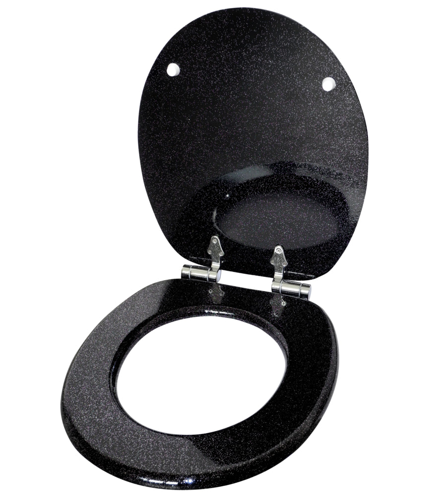 Sanilo Round Soft Close Lid Wooden Toilet Seat, Glittering Black (Open Box)