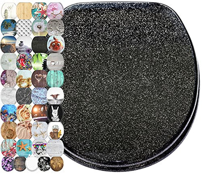 Sanilo Round Soft Close Lid Wooden Toilet Seat, Glittering Black (Open Box)