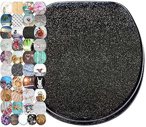 Sanilo Round Soft Close Lid Wooden Toilet Seat, Glittering Black (Open Box)