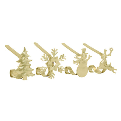 Haute Decor MantleClip Stocking Holder with Metal Holiday Icons, Gold (4 Pack)