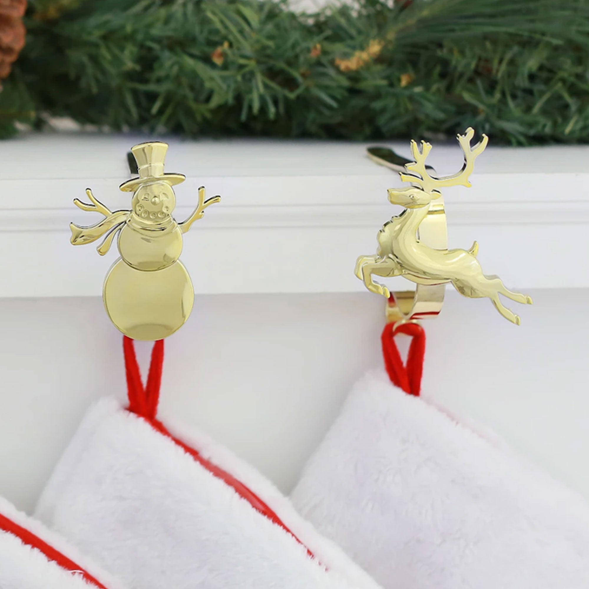 Haute Decor MantleClip Stocking Holder with Metal Holiday Icons, Gold (4 Pack)