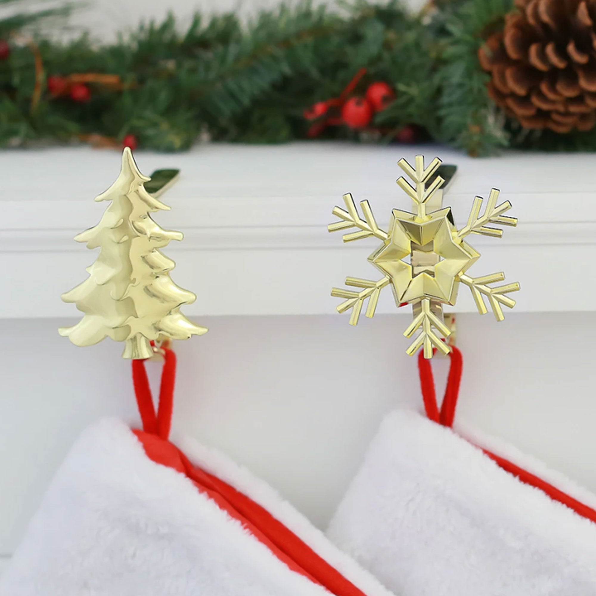 Haute Decor MantleClip Stocking Holder with Metal Holiday Icons, Gold (4 Pack)