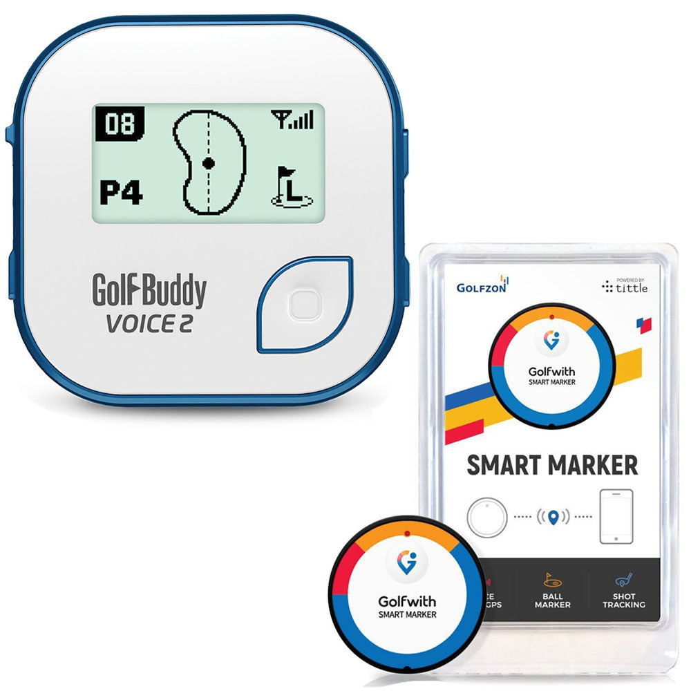 Golf Buddy Talking GPS Range Finder, White and Blue + Golfwith Connected Tracker