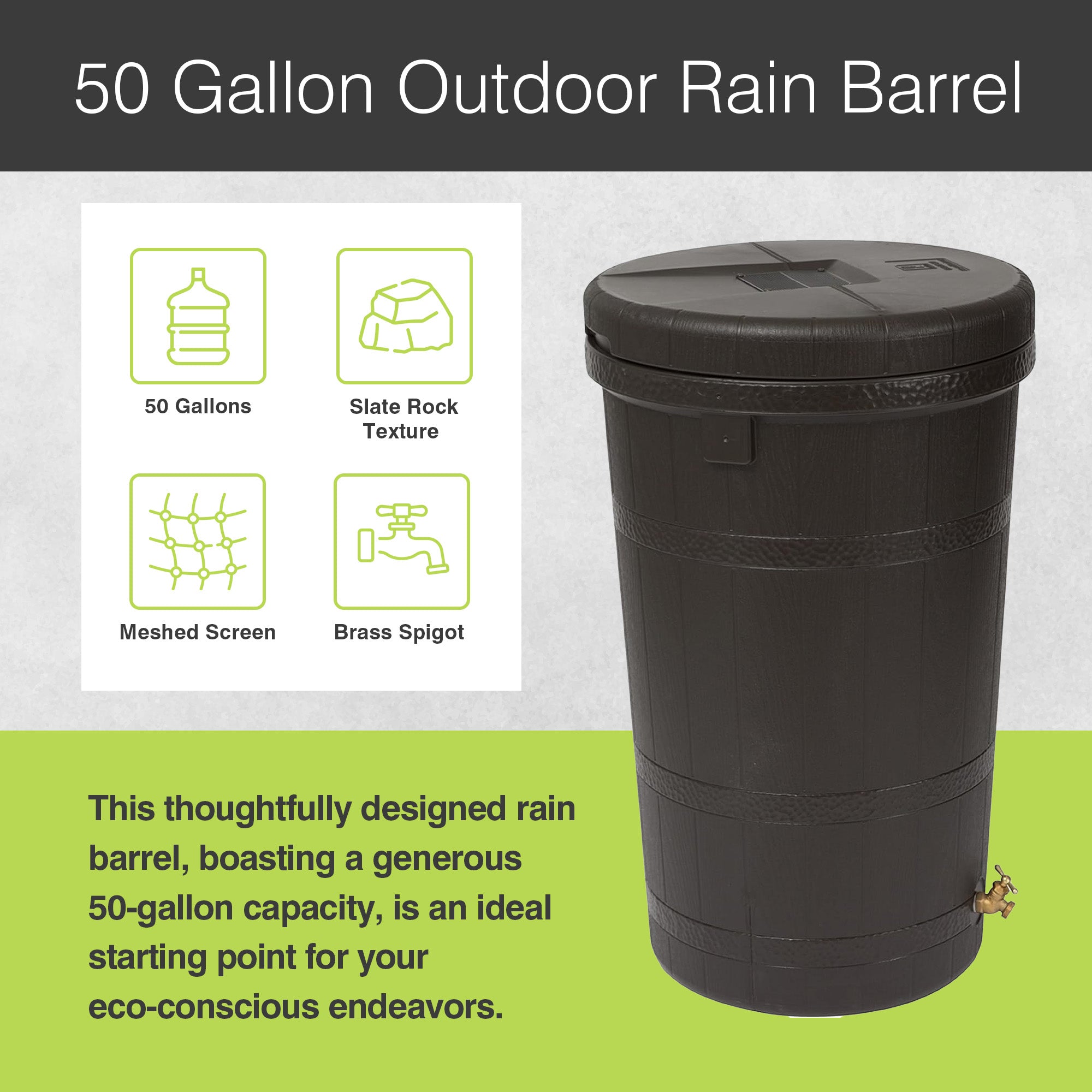 Good Ideas 50 Gallon Rain Barrel with Stand, Brown Ribbed Design (Open Box) - VMInnovations