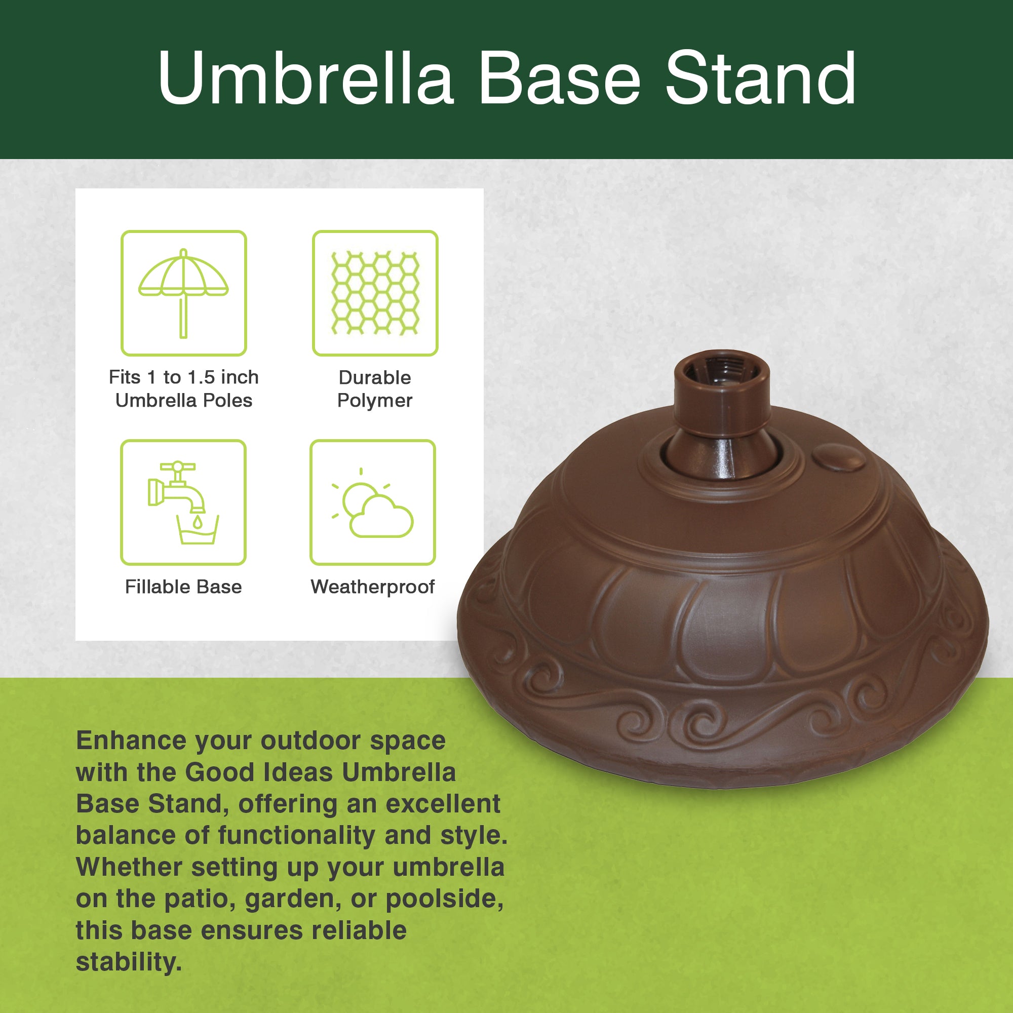 Good Ideas Outdoor Umbrella Stand Patio Base for 1” and 1.5” Poles, Cappuccino - VMInnovations