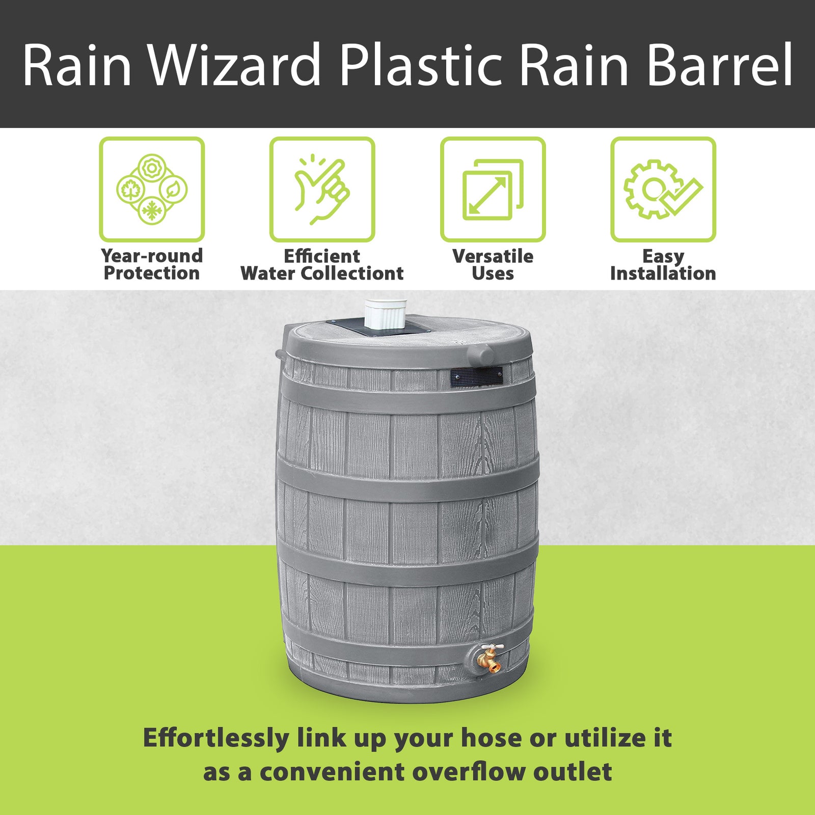 Good Ideas Rain Wizard 50 Gal Plastic Rain Barrel Water Collector,Gray(Open Box) - VMInnovations
