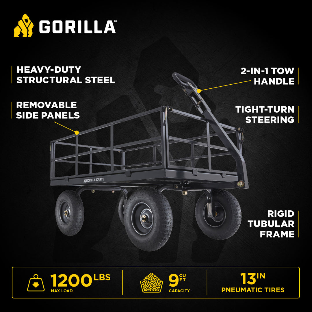 Gorilla Carts Steel Utility Cart, 9 Cubic Feet Garden Wagon with Removable Sides