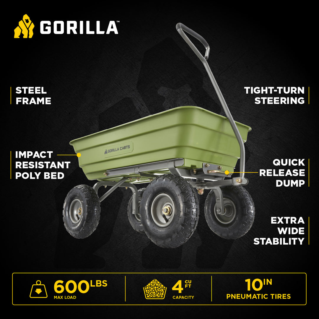 Gorilla Carts Heavy Duty Poly Yard Dump Cart, Lawn & Garden Wagon, 600 Lb, Green - VMInnovations