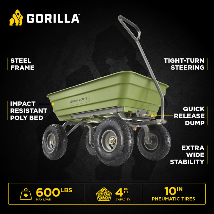 Gorilla Carts Heavy Duty Poly Yard Dump Cart, Lawn & Garden Wagon, 600 Lb, Green - VMInnovations