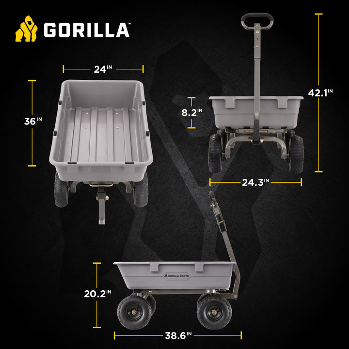 Gorilla Carts 800 Pound Capacity Heavy Duty Poly Yard Dump Utility Cart, Gray - VMInnovations