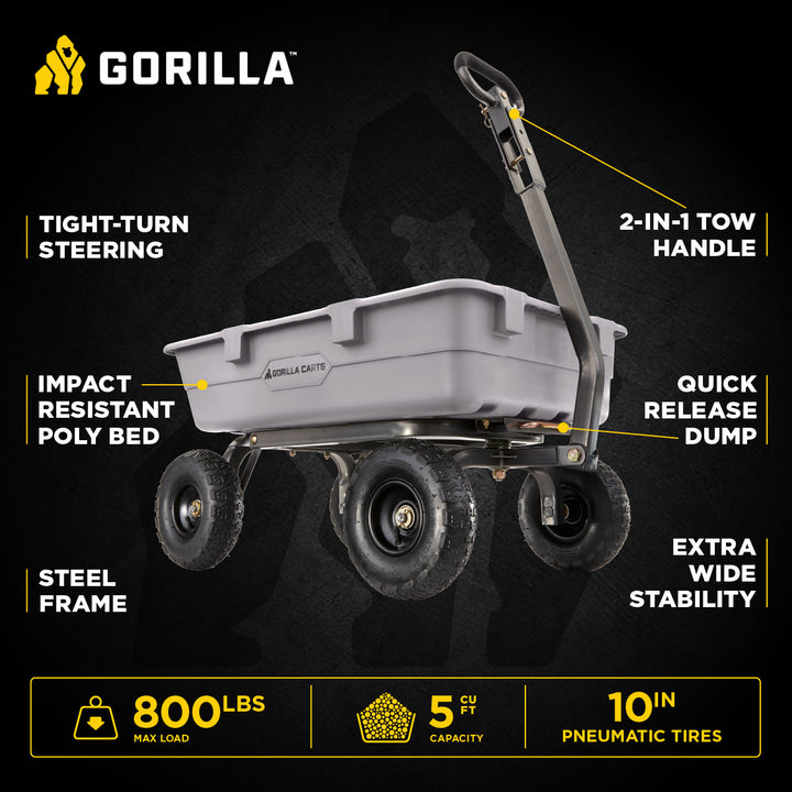 Gorilla Carts 800 Pound Capacity Heavy Duty Poly Yard Dump Utility Cart, Gray - VMInnovations