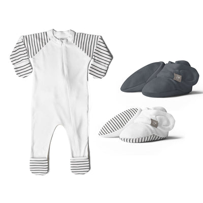 Goumikids 0-3M Unisex Baby Footie Pajamas w/ Booties (2 Pairs), Stripe/Midnight - VMInnovations