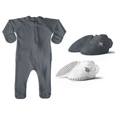 Goumikids 0-3M Unisex Baby Footie Pajamas w/ Booties (2 Pairs), Midnight/Stripe - VMInnovations