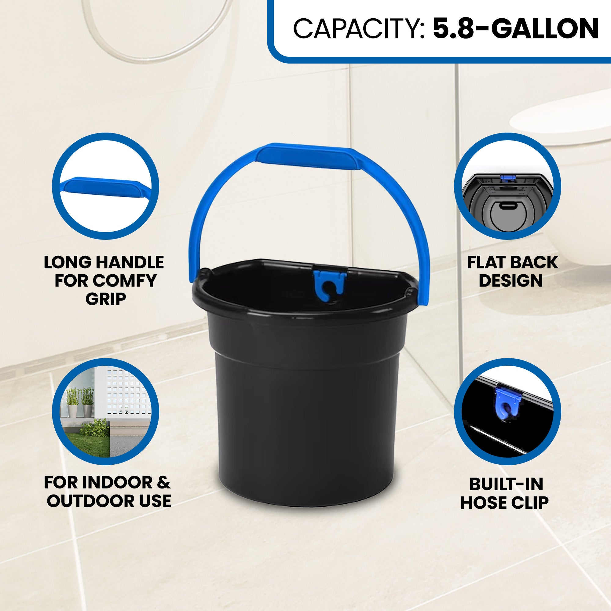 Gracious Living 5.8 Gallon Flat Back Indoor Outdoor Garden Water Bucket, Black