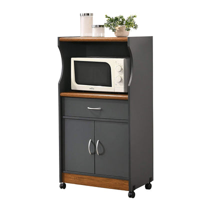 Hodedah Wheeled Microwave Island Cart with Drawer and Cabinet Storage, Grey/Oak