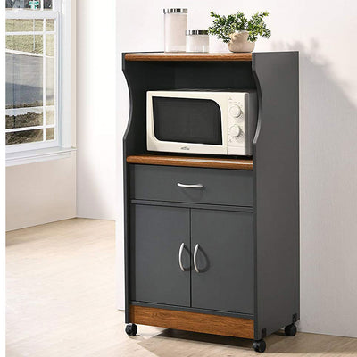 Hodedah Wheeled Microwave Island Cart with Drawer and Cabinet Storage, Grey/Oak
