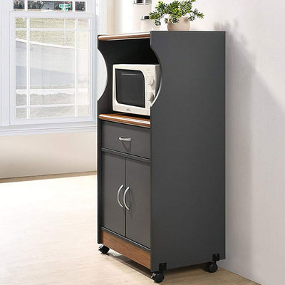 Hodedah Wheeled Microwave Island Cart with Drawer and Cabinet Storage, Grey/Oak