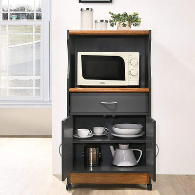 Hodedah Wheeled Microwave Island Cart with Drawer and Cabinet Storage, Grey/Oak