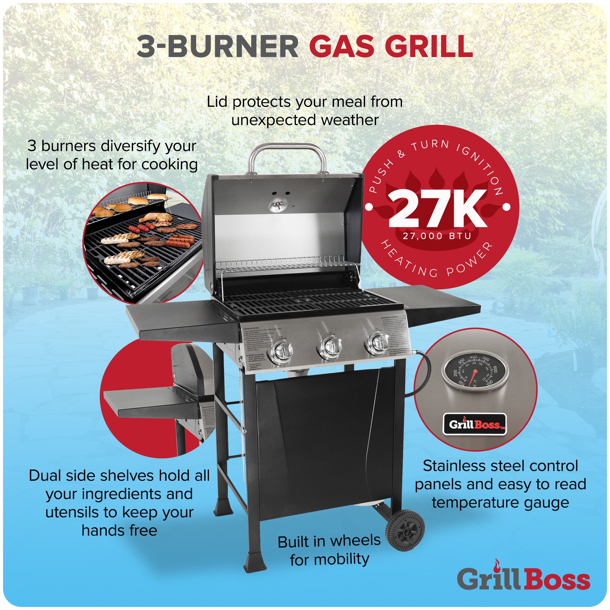 Grill Boss GBC1932M 3 Burner Gas Grill w/ Top Cover and Side Shelves (Open Box) - VMInnovations