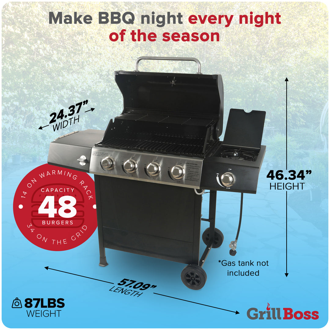 Grill Boss 4-Burner Gas Grill with Side Burner, Cover, Shelves, & Bottle Opener