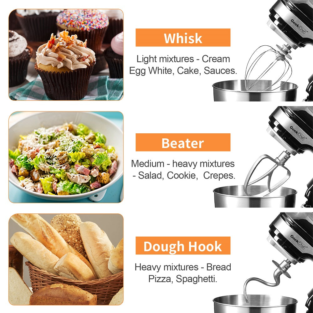 Geek Chef Stainless Steel 4.8 Qt Bowl 12 Speed Baking Food Stand Mixer(Open Box)