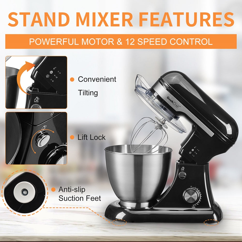 Geek Chef Stainless Steel 4.8 Qt Bowl 12 Speed Baking Food Stand Mixer(Open Box) - VMInnovations