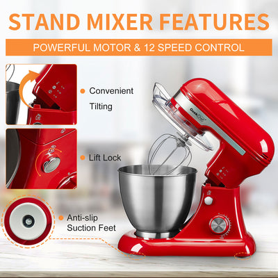 Geek Chef GSM45R Stainless Steel 4.8 Quart Bowl 12 Speed Baking Stand Mixer, Red