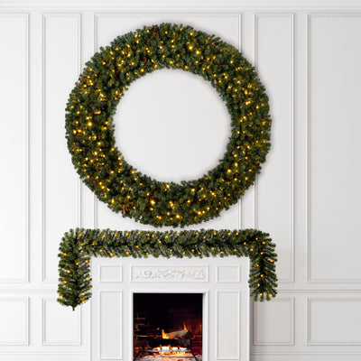 Home Heritage 9' Garland and 72" Wreath Prelit Holiday Greenery 3 Piece Set