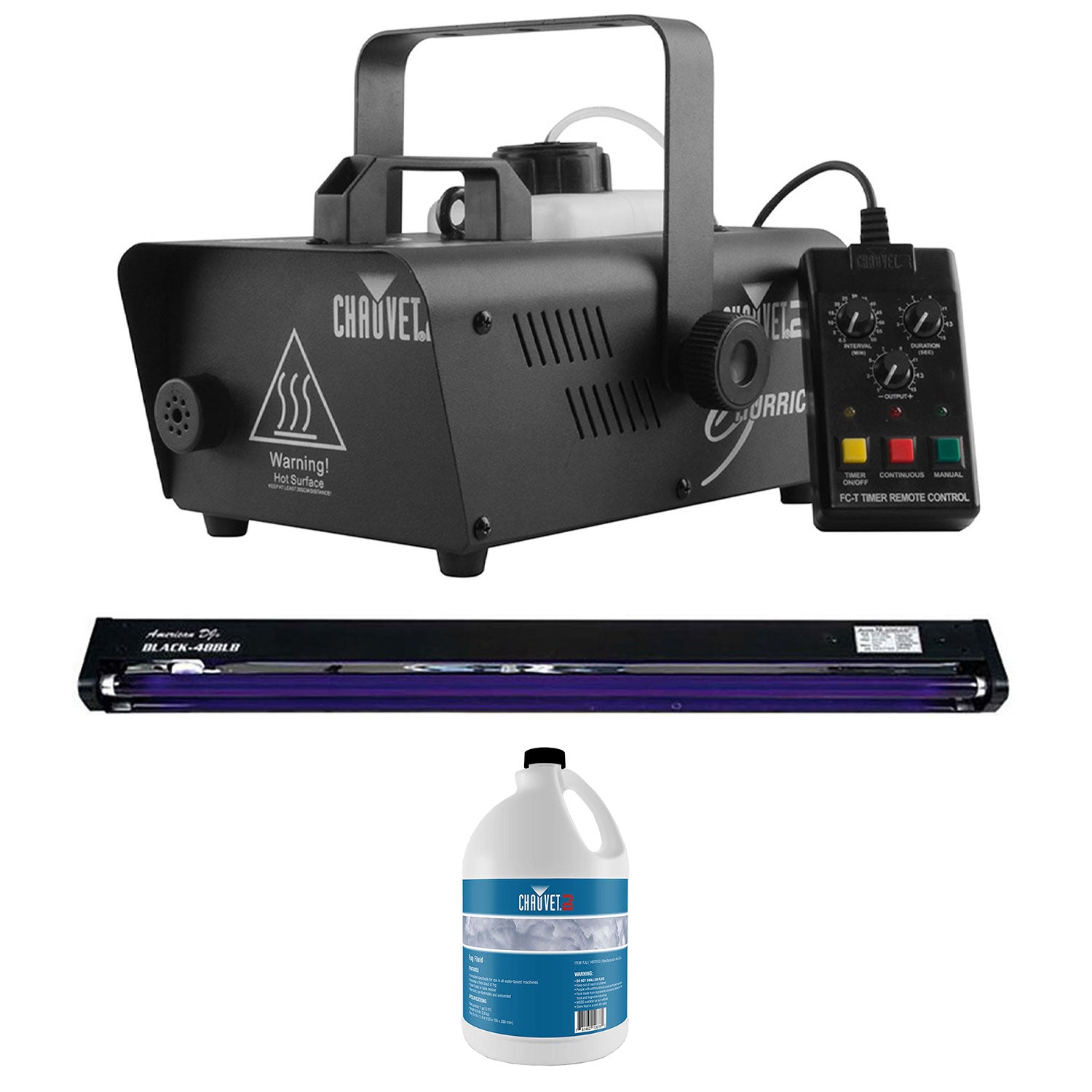 CHAUVET DJ Hurricane 1200 1.0L Fog Machine + 48 Inch UV Black Light + Fog Juice