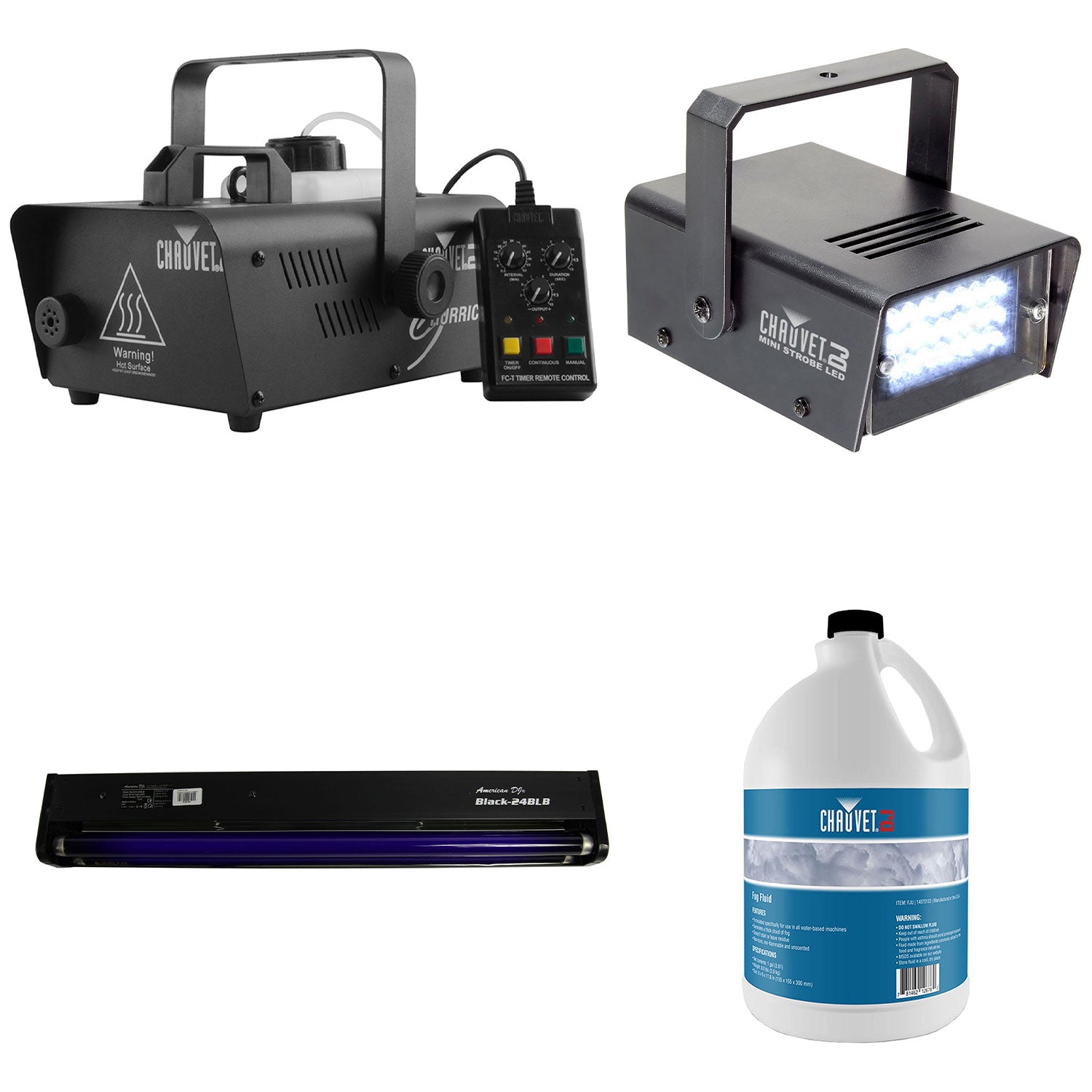 CHAUVET DJ Hurricane Fog Machine + Fog Juice + Mini Strobe Light + Black Light