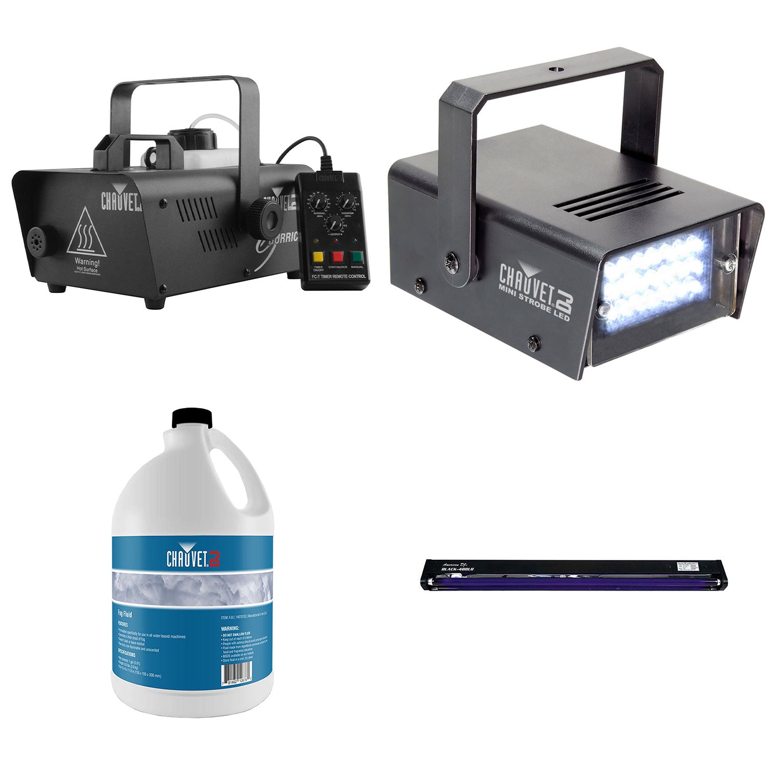 CHAUVET DJ Hurricane Fog Machine + Fog Juice + Mini Strobe Light + Black Light