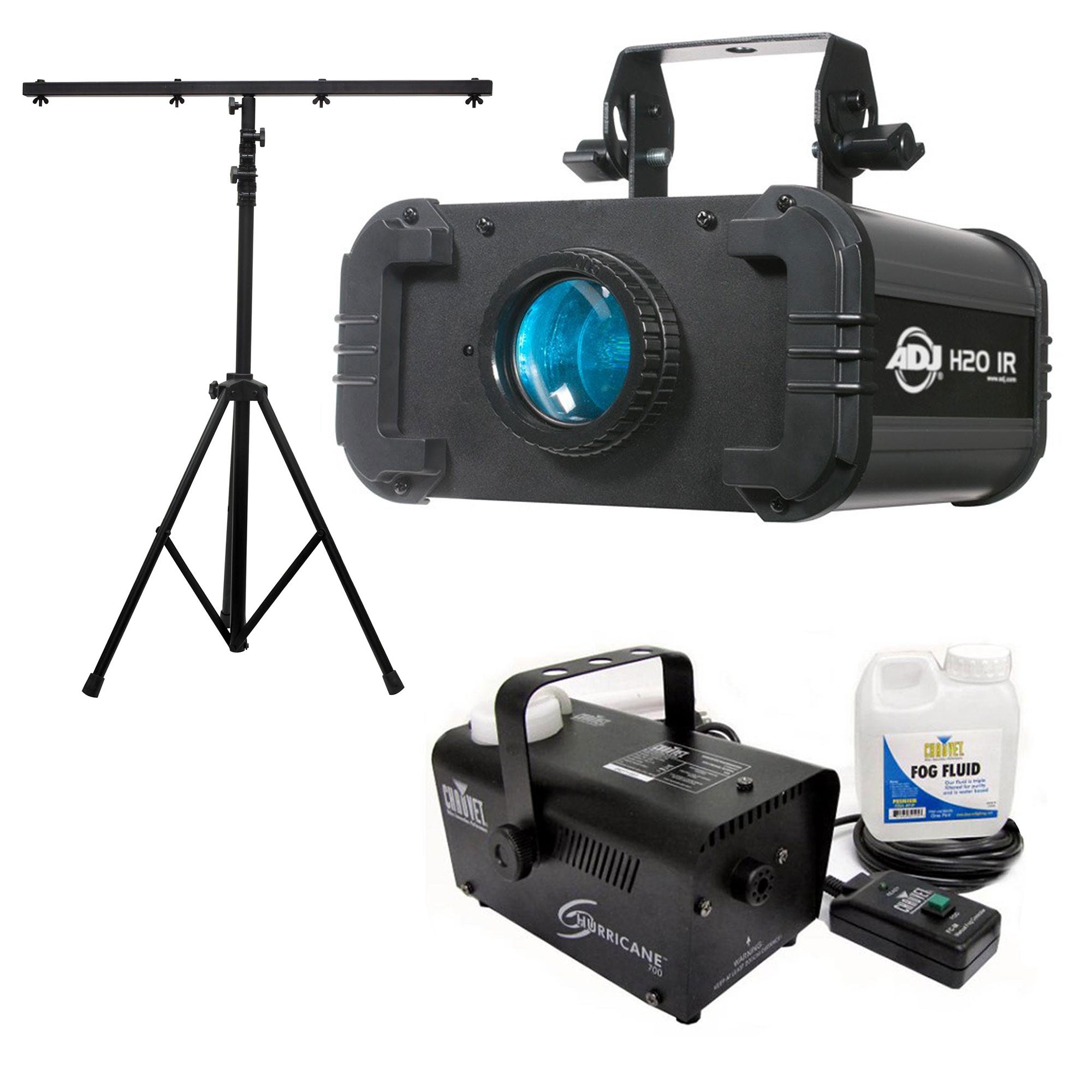 ADJ H2O IR LED Water Flowing Light Effect, 9 Ft T-bar Tripod, and Fog Machine