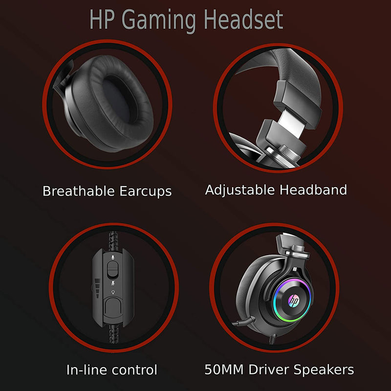 HP H500BK Wired Gaming PC and Console Gaming Headset with LED RGB Lights, Mic