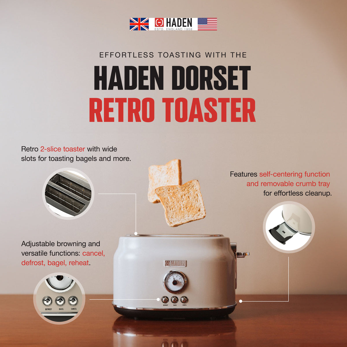 Haden Dorset Wide Slot Stainless Steel Retro 2-Slice Toaster, Beige (Damaged)