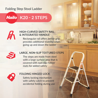 Hailo Folding Step Stool, Non-Slip 2 Step Ladder for Home & Kitchen (Open Box) - VMInnovations