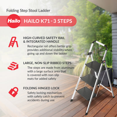Hailo Folding Step Stool, Non-Slip 3 Step Ladder for Home, K71, Silver(Open Box) - VMInnovations