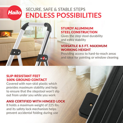 Hailo Folding Step Stool, Non-Slip 3 Step Ladder for Home, K71, Silver(Open Box) - VMInnovations