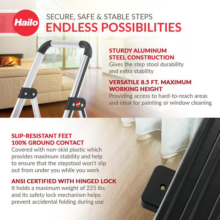 Hailo Folding Step Stool, Non-Slip 3 Step Ladder for Home, K71, Silver(Open Box)