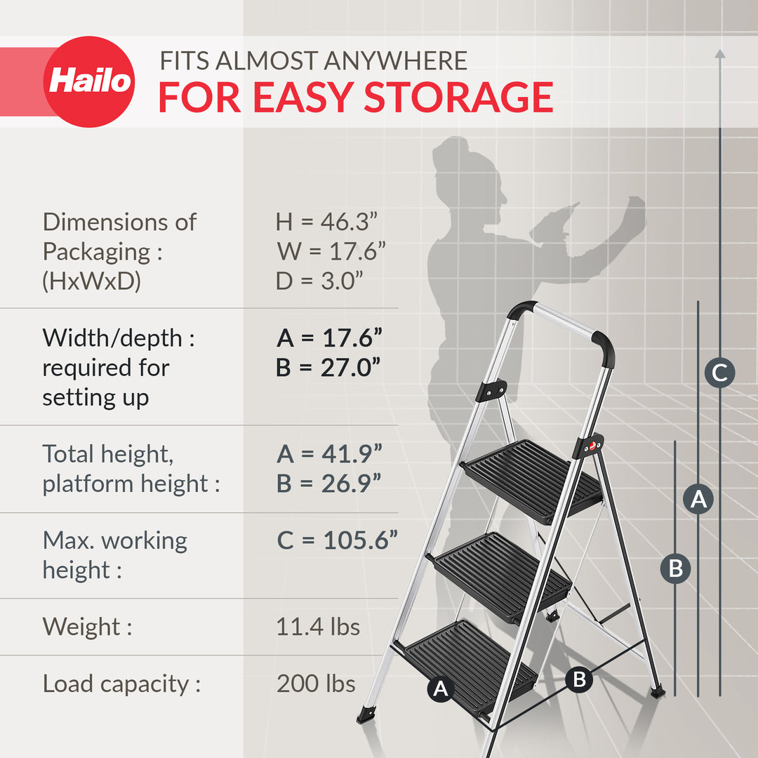Hailo Folding Step Stool, Non-Slip 3 Step Ladder for Home, K71, Silver(Open Box)