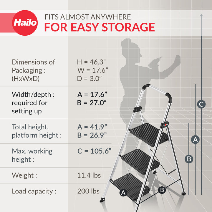 Hailo Folding Step Stool, Non-Slip 3 Step Ladder for Home, K71, Silver(Open Box)