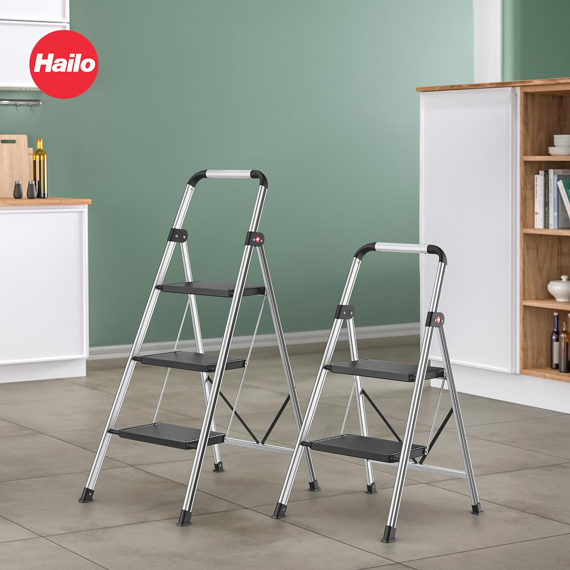Hailo Folding Step Stool, Non-Slip 3 Step Ladder for Home, K71, Silver(Open Box) - VMInnovations