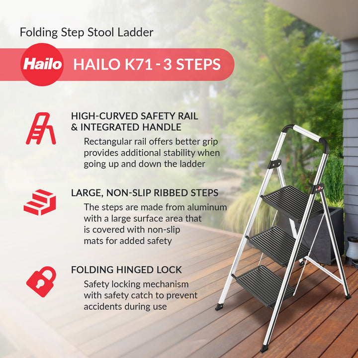 Hailo Folding Step Stool, Non-Slip 3 Step Ladder for Home, K71, Silver(Open Box)