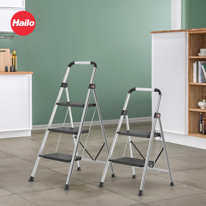 Hailo Folding Step Stool, Non-Slip 3 Step Ladder for Home & Kitchen, K71, Silver