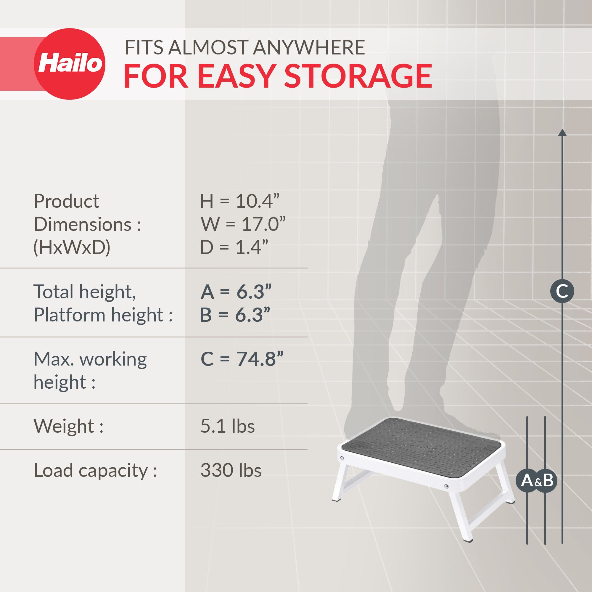 Hailo Folding Step Stool, OneStep Compact Platform, Non-Skid, 330 Lbs Capacity