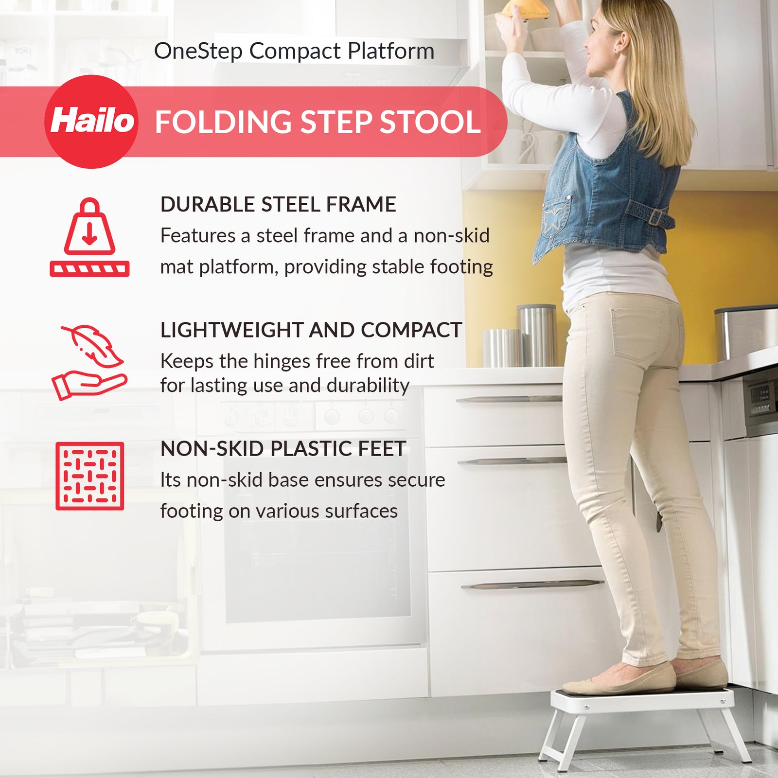 Hailo Folding Step Stool, OneStep Compact Platform, Non-Skid, 330 Lbs Capacity - VMInnovations