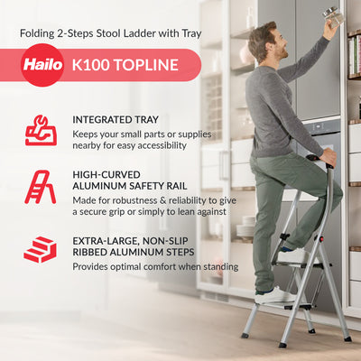 Hailo Folding Step Stool, 2 Step Ladder w/Tray for Home & Kitchen, K100 (Used) - VMInnovations