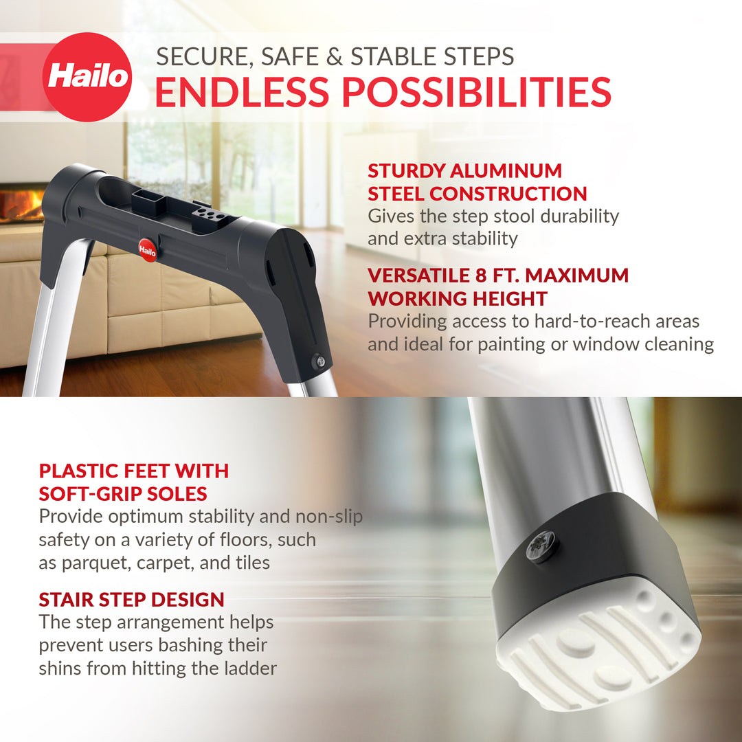 Hailo Folding Step Stool 2 Step Ladder w/Tray for Home & Kitchen, K100(Open Box)