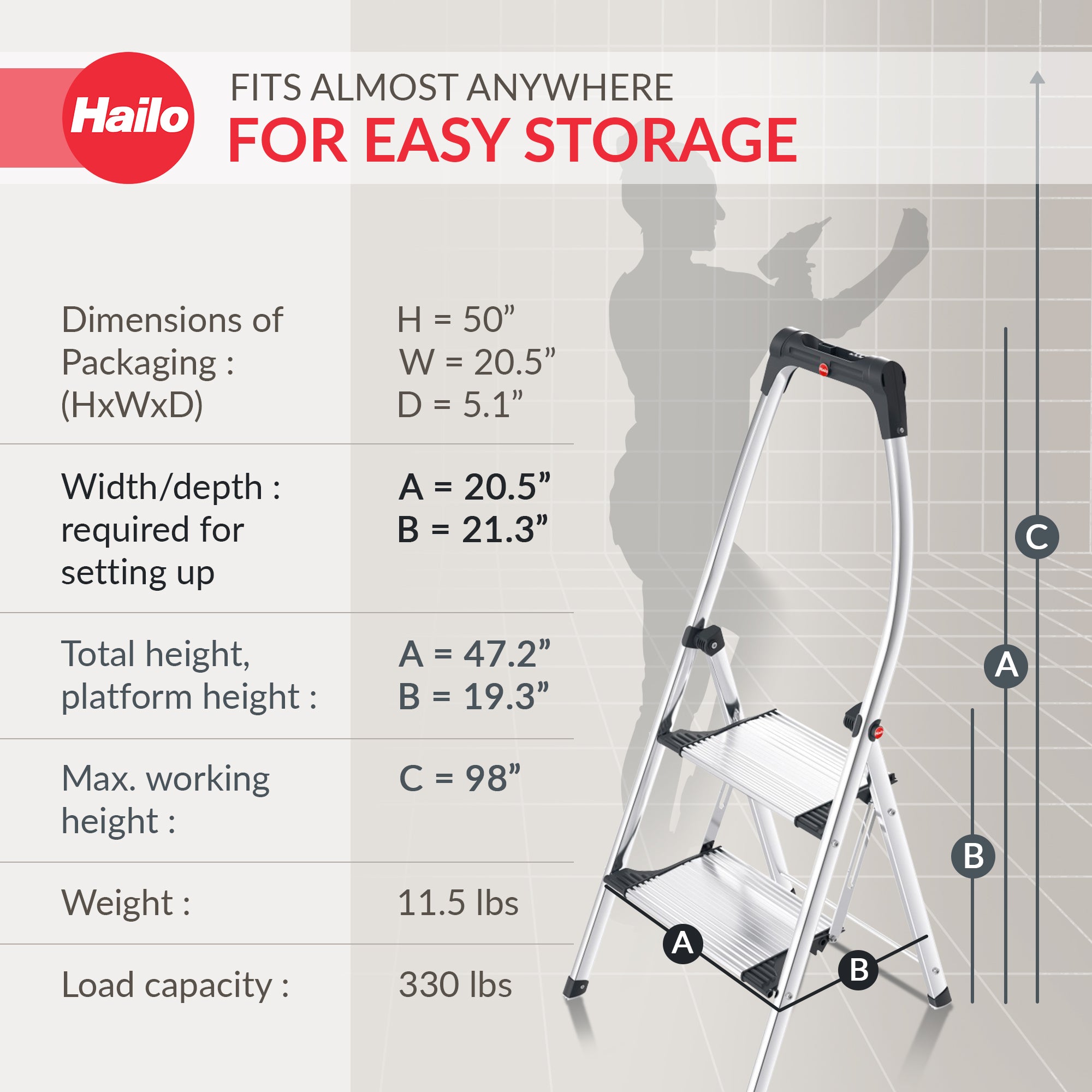 Hailo Folding Step Stool, 2 Step Ladder w/Tray for Home & Kitchen, K100, Silver - VMInnovations