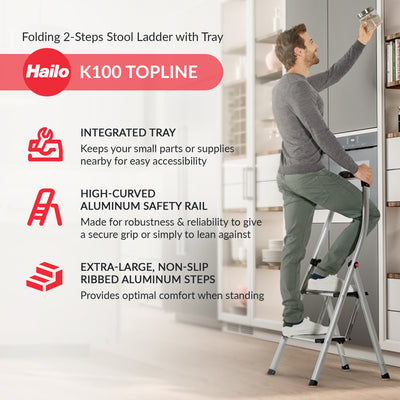 Hailo Folding Step Stool, 2 Step Ladder w/Tray for Home & Kitchen, K100, Silver